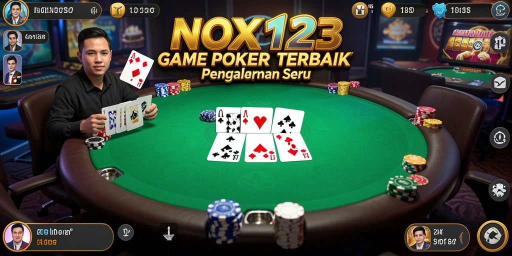 Screenshot utama NOX123 menampilkan gameplay Poker yang menegangkan.