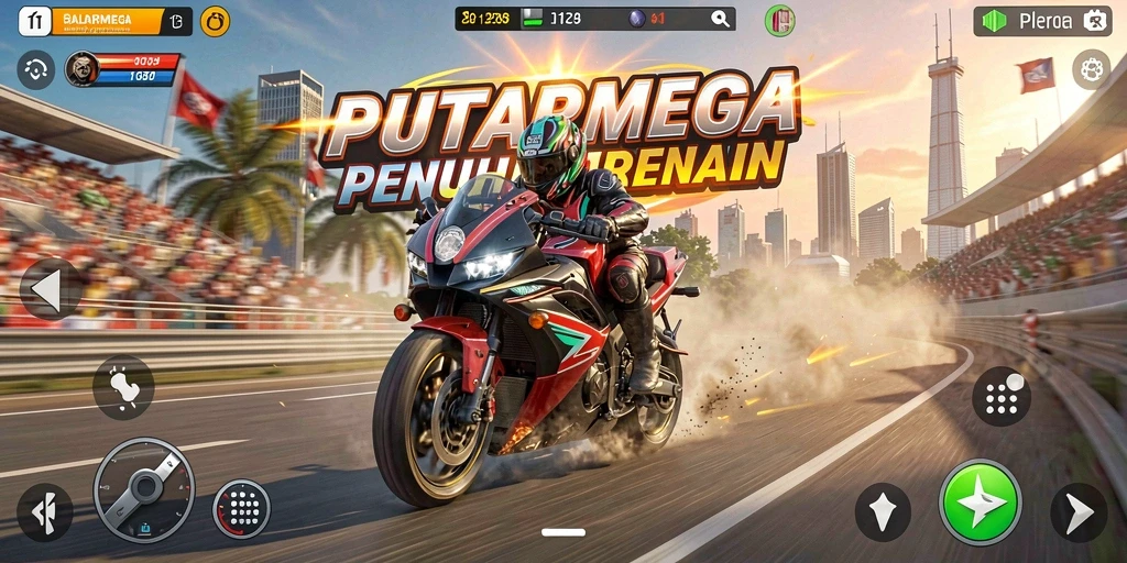 Gameplay seru dalam PUTARMEGA yang menampilkan balapan motor